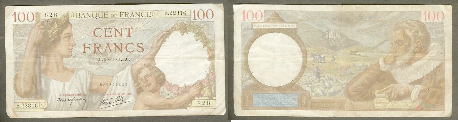 100 Francs SULLY FRANCE 5.6.1941 TB+